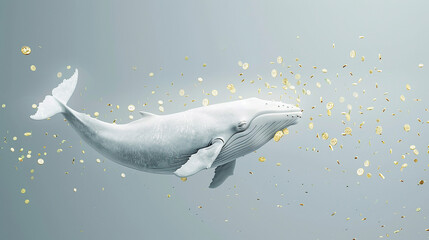 Playful white whale against a minimalist grey backdrop joyously expelling shimmering Bitcoins - obrazy, fototapety, plakaty
