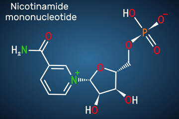 Nicotinamide mononucleotide, NMN molecule. It is naturally anti-aging metabolite, precursor of NAD+. Structural chemical formula on the dark blue background.