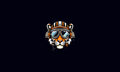 head tiger wearing helmet with googles vector mascot design - obrazy, fototapety, plakaty