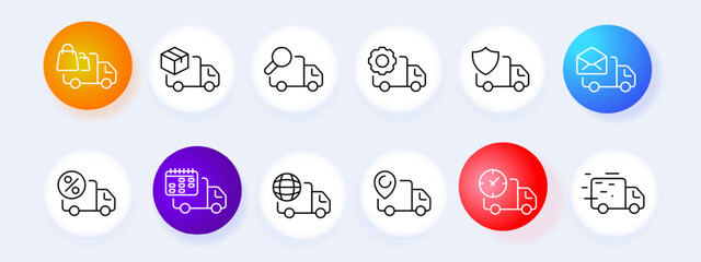Delivery icon set. Van, shield, gear, transportation, moving, planet, speed, clock. Neomorphism style. Vector line icon for business and advertising