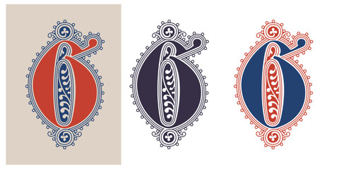 V letter illuminated gothic monogram with naturalistic flowers ornament. German drop cap. Dark age decorative logo. Classic medieval red and blue Latin initials font based on XIV century manuscript.