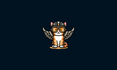 cat with wings wearing helmet googles vector mascot design - obrazy, fototapety, plakaty