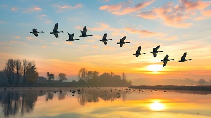 wild geese flying in V-formation over the lake, autumn sunset and landscape, goose as symbol for traveling south and season changing - obrazy, fototapety, plakaty
