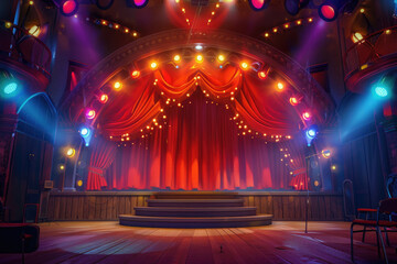 The stage of the theater is decorated with orange curtains and lights, leaving an empty space in front for a title or poster