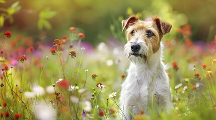 Wire fox terrier dog sitting in meadow field surrounded by vibrant wildflowers and grass on sunny day.