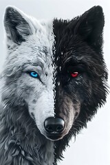 Wolf Head Portrait half white with blue eyes and half black with red eyes