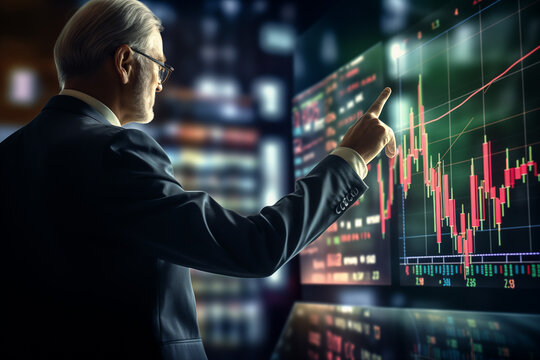 Senior businessman point to the screen show financial market chart graphic.