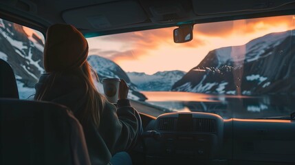 Woman on road trip traveling by rental car relaxing with coffee cup adventure lifestyle vacations vibes outdoor sunset Norway mountains view in window - obrazy, fototapety, plakaty