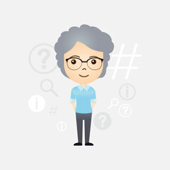 Cute and smart old woman cartoon on isolated background
