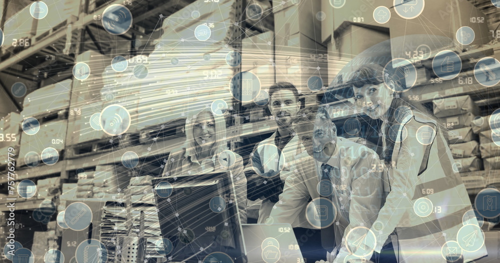 Poster image of networks of connections with digital icons over people using computer