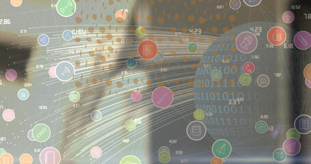 Image of networks of connections with digital icons over blurred background