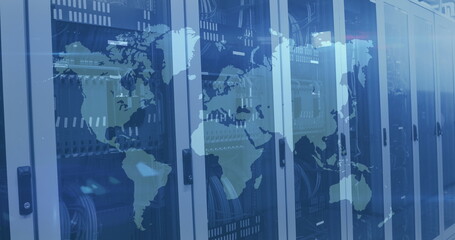 A world map projection overlays a server room, symbolizing global connectivity