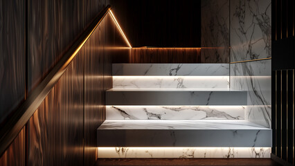 Elegance in Detail: A Close-Up of a Marble Staircase Against a Glossy Wood Wall