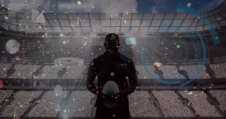 Confetti falling and round scanner against male rugby player holding a ball against sports stadium