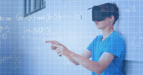 Image of mathematical equations over schoolchildren using vr headsets
