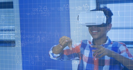 Image of mathematical equations over schoolchildren using vr headsets