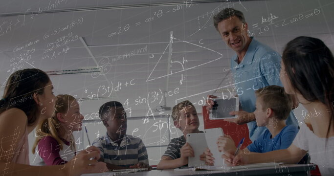 Image of mathematical equations over schoolchildren learning - Powered by Adobe