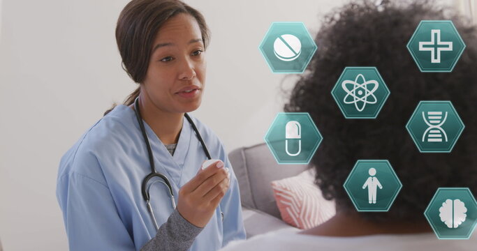 Image of medical icons over female doctor with senior woman talking
