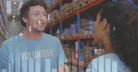Statistical data processing over diverse male and female volunteers hugging each other at warehouse