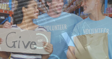 Statistical data processing against diverse male and female volunteers smiling at warehouse