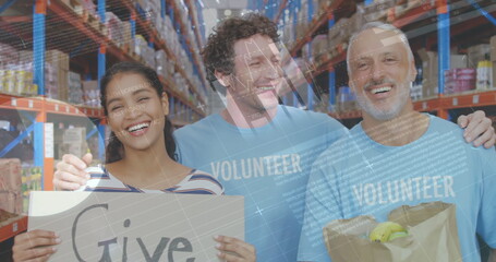 Statistical data processing against diverse male and female volunteers smiling at warehouse