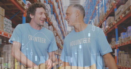 Statistical data processing over two caucasian male volunteers high fiving each other at warehouse