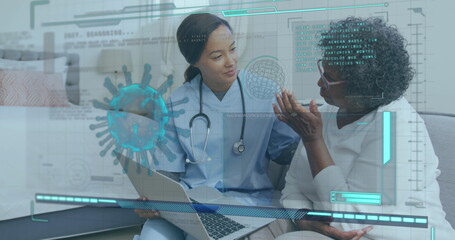 Image of covid 19 cell and medical data processing over female doctor with senior patient