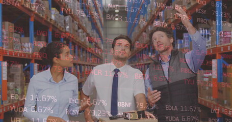 Image of data processing over men and woman working in warehouse