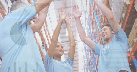 Statistical data processing over diverse male and female volunteers making a hand stack at warehouse