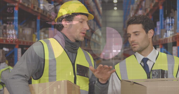Statistical data processing against caucasian male supervisor and worker discussing at warehouse