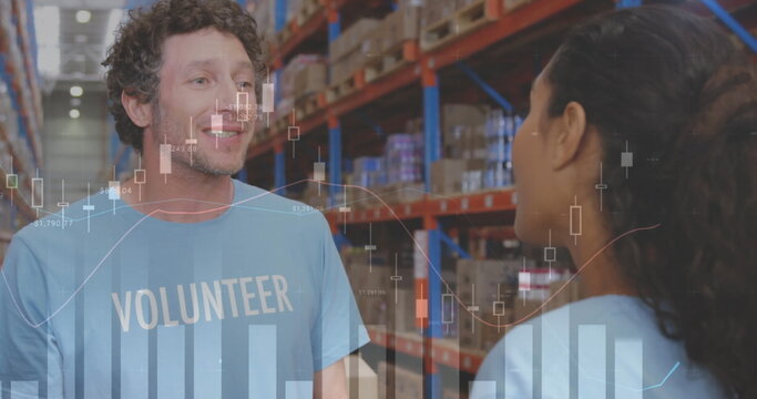 Statistical data processing over diverse male and female volunteers hugging each other at warehouse - Powered by Adobe