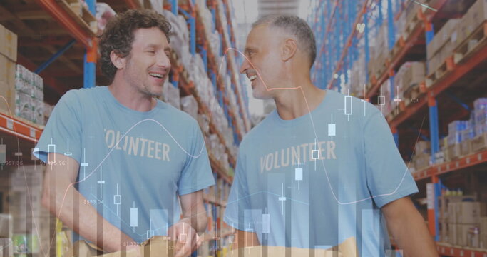 Statistical data processing over two caucasian male volunteers high fiving each other at warehouse
