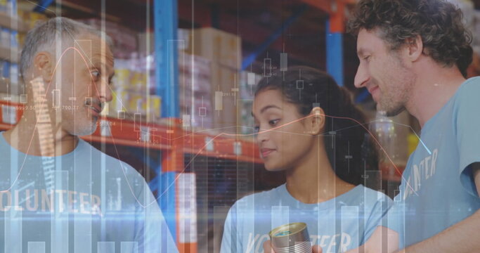 Statistical data processing over diverse male and female volunteers checking donations at warehouse