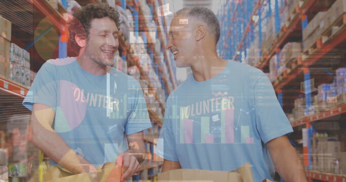 Statistical data processing over two caucasian male volunteers high fiving each other at warehouse