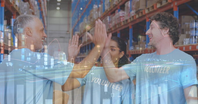 Statistical data processing over male and female volunteers high fiving each other at warehouse
