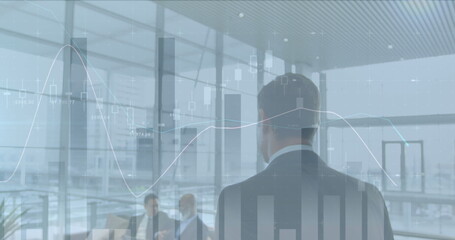 Image of financial data processing over business people in office