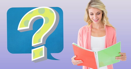 Image of green question mark over speech bubble and caucasian female teacher