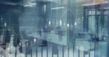 Image of financial data processing over business people walking in office