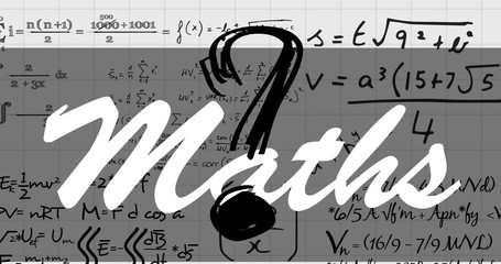 Maths text banner and question mark symbol against mathematical equations on grey background