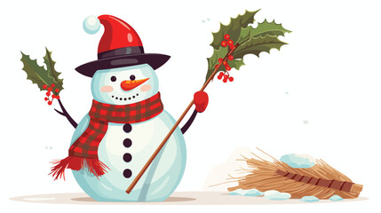 Snowman with a broom waving his hand on a white background