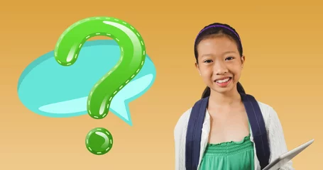 Deurstickers Aziatische plekken Image of green question mark over speech bubble and asian schoolgirl