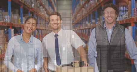 Statistical data processing against diverse male and female supervisors smiling at warehouse