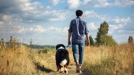 young man walking with Bernese Mountain Dog on the summer field  - obrazy, fototapety, plakaty