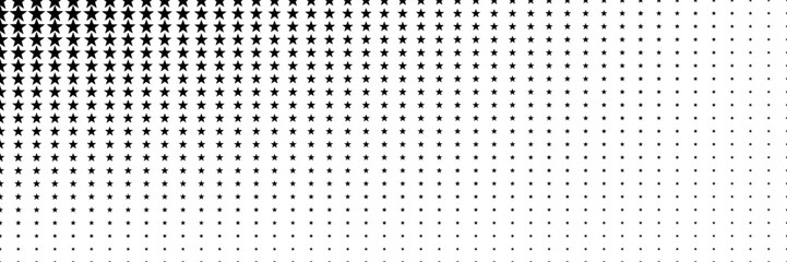 Horizontal gradient of black and white halftone star vector texture showing black and white dot background. Pop Art Style Halftone Gradient Horizontal Stars