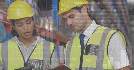 Statistical data processing against diverse male and female supervisor discussing at warehouse