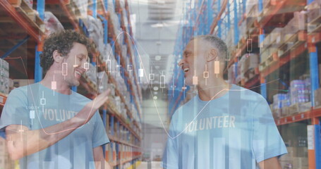 Statistical data processing over two caucasian male volunteers high fiving each other at warehouse
