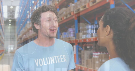 Statistical data processing over diverse male and female volunteers hugging each other at warehouse