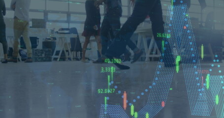 Image of financial data processing over business people walking in office