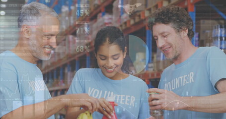 Statistical data processing over diverse male and female volunteers making a hand stack at warehouse