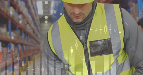 Statistical data processing against caucasian male worker using scanning device at warehouse